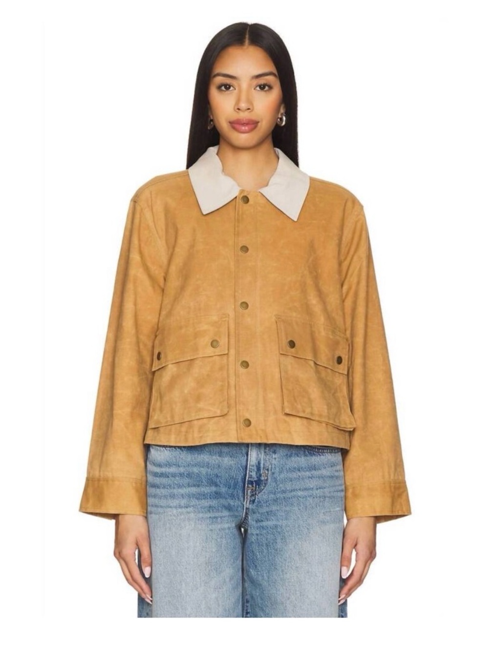 The Great Cropped Suede Work Jacket with Contrast Collar - Tan- size 2, medium